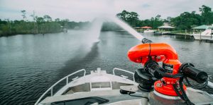 Silver Ships fire boat pump spraying the water