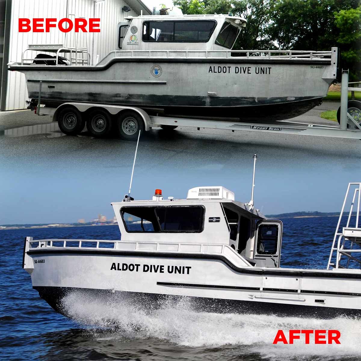Silver Ships before and after of Alabama Dive Unit boat refurbishment