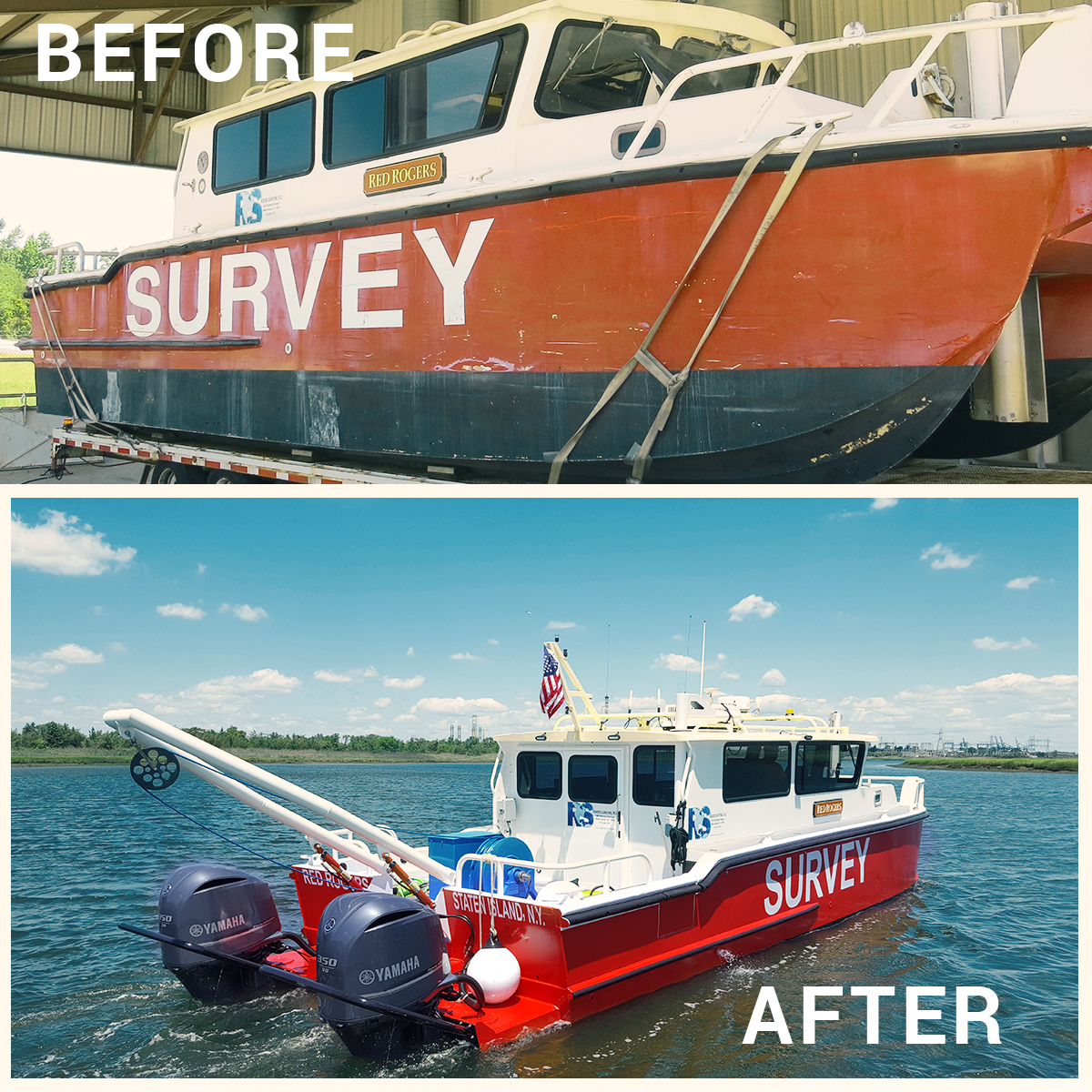 before and after photos of refurbished survey boat